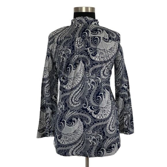 Talbots L Navy Paisley Button Down Top Pleated Oceanic Art to Wear Career Office - Picture 7 of 11